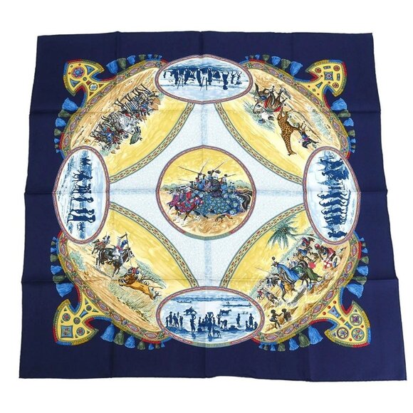 Hermes Scarf Carre 90 Cavaliers Peuls Navy Small Good - Picture 1 of 7